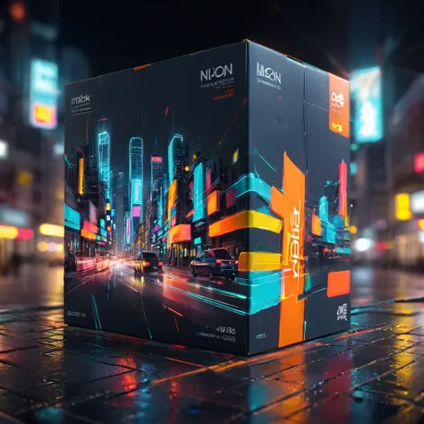 packaging box design, minimalism art, neon city, Motion Blur, action-lines, (masterpiece, best quality, Professional, perfect composition, very aesthetic, absurdres, ultra-detailed, intricate details:1.3)