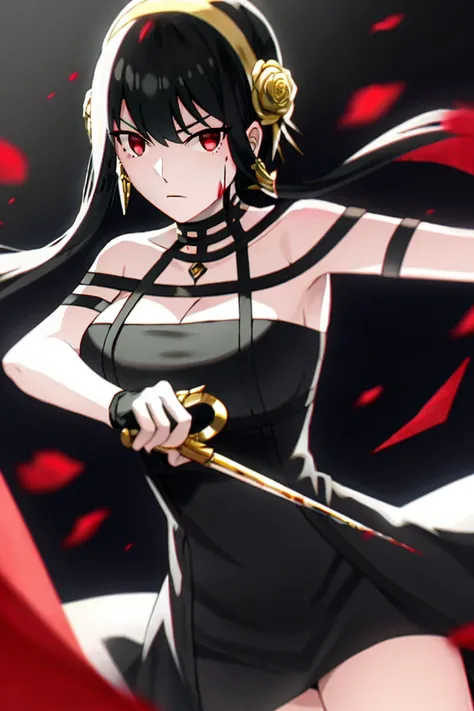 yor briar,

1girl, backlighting, bare shoulders, black background, black dress, black gloves, black hair, blood, blood on face, blood on weapon, breasts, closed mouth, cowboy shot, dress, earrings, expressionless, fingerless gloves, floating hair, floral p...