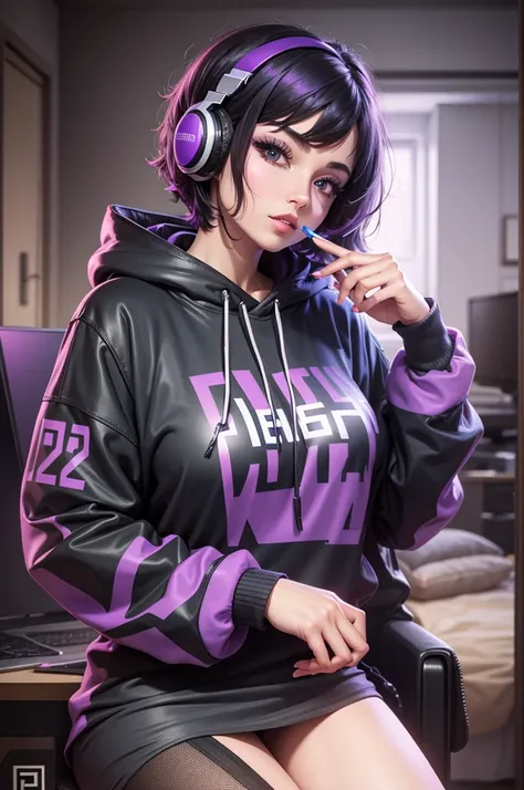 (pixelart: 1.2), beautiful goth women, sexy goth girl, wearing a headset, designer sweatshirt coat with logos, pants, short black hair with purple tips, bedroom, sitting in a gaming chair