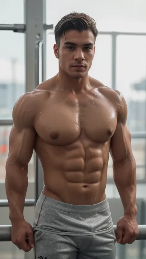 an young aesthetic muscular handsome man with sharp facial features and chest, front light, standing next a gym, wearing a tight tshirt wet soaked, his arms are on the railing, detailed and sharp image quality, ultra realistic, 8k, ultra realistic backgrou...