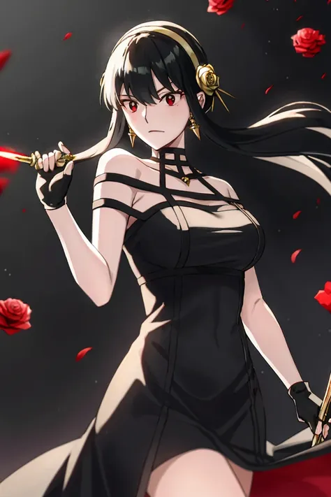 yor briar,

1girl, backlighting, bare shoulders, black background, black dress, black gloves, black hair, blood, blood on face, blood on weapon, breasts, closed mouth, cowboy shot, dress, earrings, expressionless, fingerless gloves, floating hair, floral p...