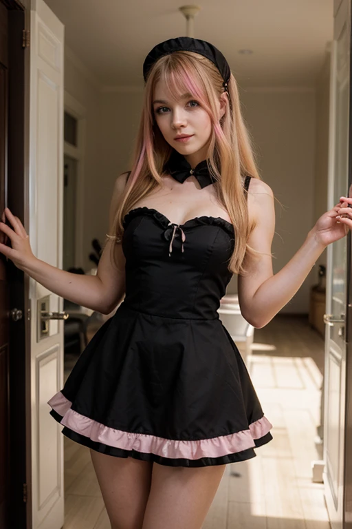 Anime black dragon girl, long yellow hair with pink highlights, emerald eyes, short maid dress.  