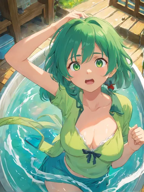 masutepiece, Best Quality:1.2), Solo, 1girl in, odelschwanck,  fascinated expression, Looking at Viewer, Put your right hand on your chest, Left hand reaching out to the viewer, Green hair, skull, Torn clothes, underboob, Skirt, Skin Texture, extremely det...