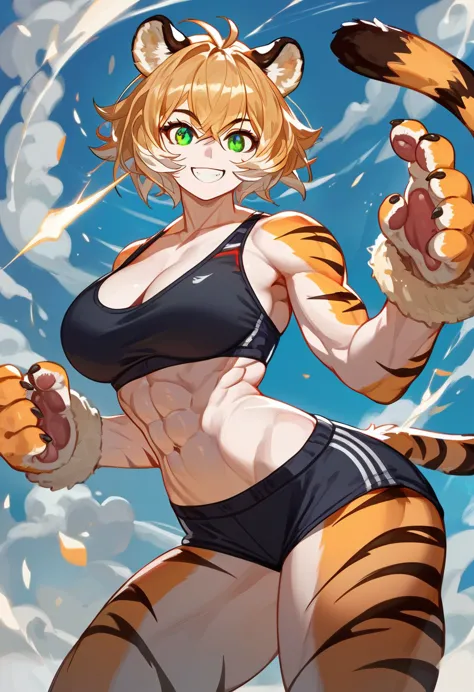 (score_9, score_8_up, score_7_up), masterpiece, best quality, expressive eyes, 1girl, tiger girl, animal ears, animal tail, paws...