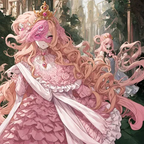 1 woman, long curly blonde hair, pink eyes, pale pink, Venitian Eyes masked, ball dress, princess, best quality masterpiece