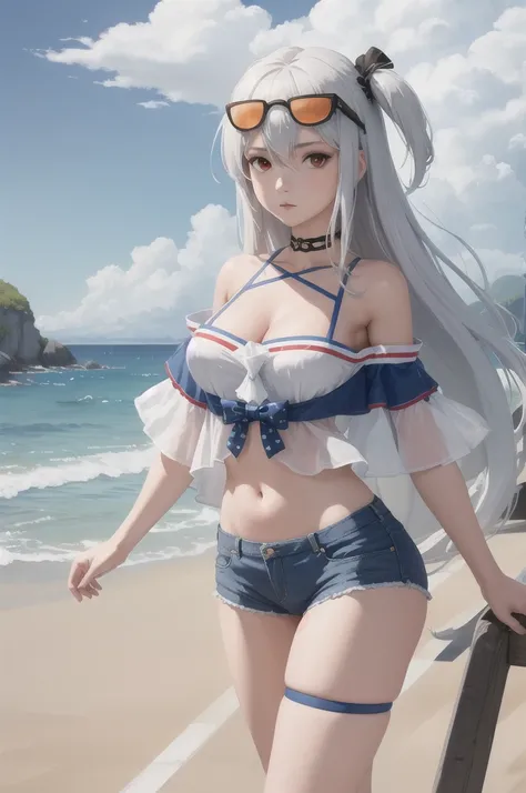 (masterpiece, best quality:1.2), solo, 1girl, skadiwave, expressionless, looking at viewer, sunglasses, eyewear on head, white shirt, off shoulder, short sleeves, blue shorts, short shorts, thigh strap, choker, bare shoulders, navel, cleavage, beach 