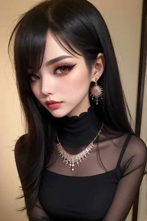 ((best quality)),((masterpiece)),((strikingly beautiful)), mature, 1girl, solo, high quality, masterpiece, skinny, emo, black emo clothing, heavy makeup, purple eyeliner, mascara, eyeshadow, winged eyeliner, blush, lipstick, earrings,
looking at viewer fro...