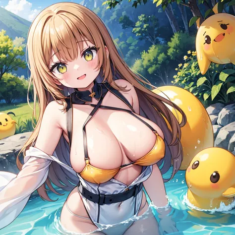 Woman happy to be doused with yellow water, girl, very large breasts