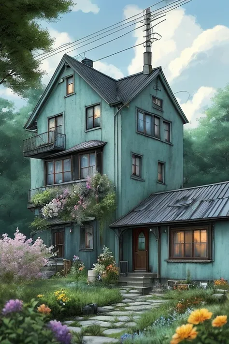 very cozy little place, Hyperrealism, (anime Makoto Shinkai:0.4), old shabby house in city swoodt, Home Wiring, Outdoor, null, cloud, Day, scenery, wood, blue null, building, sign, wire, handrail, Wide Shot, Electric pole, town, wilderness, Flowers, There ...