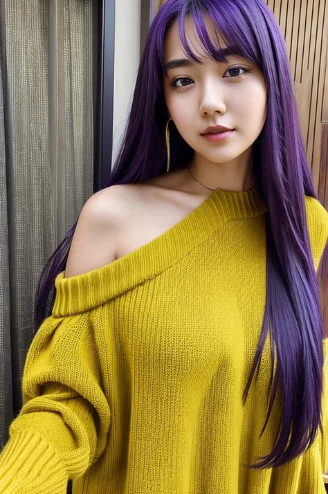 1girl in, age25, Solo, Long hair, Colossal , Looking at Viewer, purple hair, Bare shoulders, black eyes, Full body:1.3, off shoulders, yellow Sweaters, Realistic, A sexy