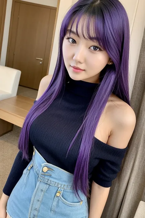 1girl in, age25, Solo, Long hair, Colossal , Looking at Viewer, purple hair, Bare shoulders, black eyes, Full body:1.3, off shoulders, yellow Sweaters, Realistic, A sexy