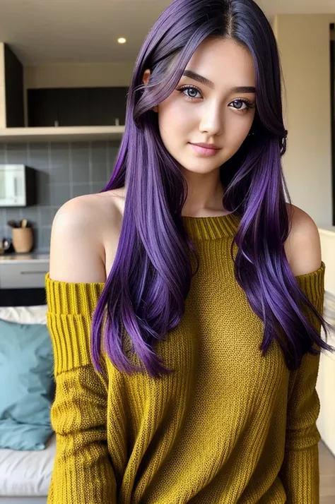 1girl in, age25, Solo, Long hair, Colossal , Looking at Viewer, purple hair, Bare shoulders, black eyes, Full body:1.3, off shoulders, yellow Sweaters, Realistic, A sexy