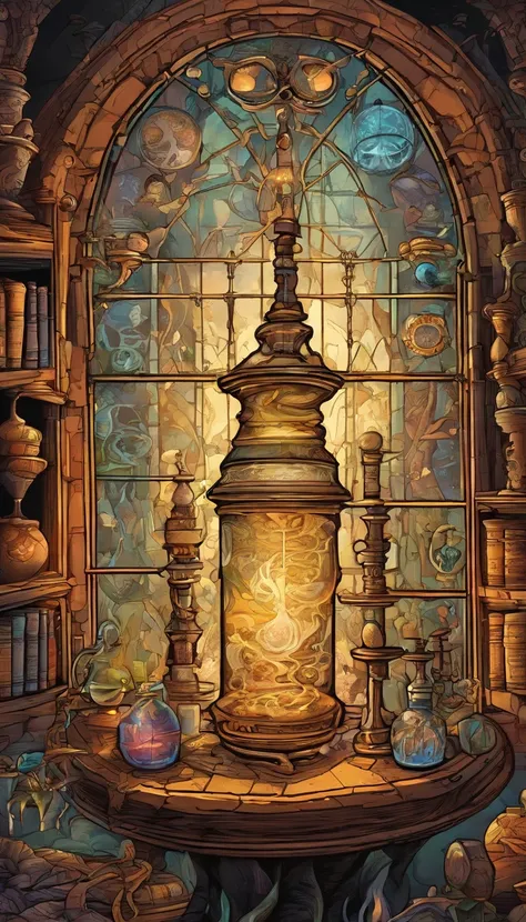 Anthropomorphic black furred jaguar,alchemist,laboratory,flasks,vials,glass containers,smoke-filled room,mysterious aura,enchanted atmosphere,magical potions,dark magic elements,flickering candles,golden hour lighting,antique wooden shelves,bookshelves wit...