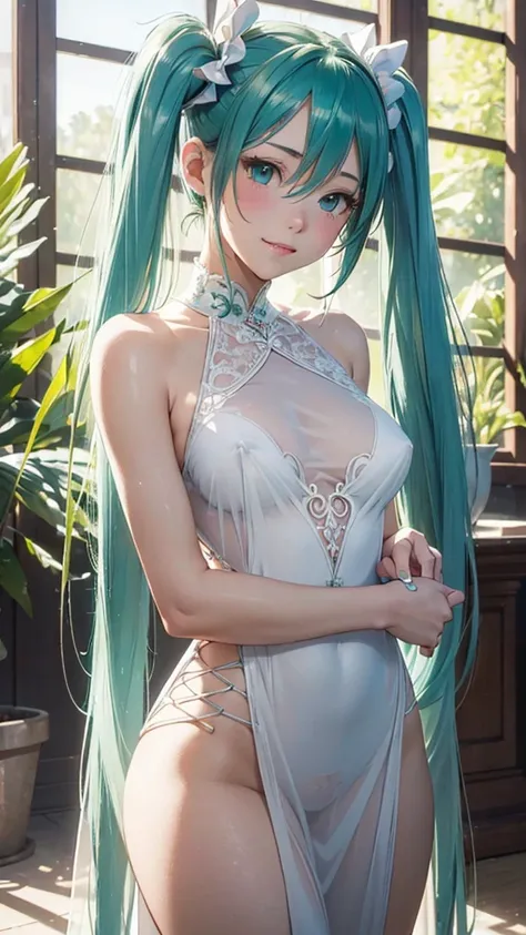 Super detailed, NSFW, masterpiece, High resolution, Photorealistic digital art, perfect lighting, (((1 girl, perfect anatomy))), accurate right hand, accurate left hand, five fingers, perfect style, shy smile, (hatsune miku,) 3d face, big light blue-green ...