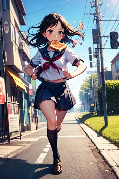 masterpiece, highest quality, girl, serafuku, Blue ribbon, Pleated skirt, Blue socks, loafers, City Street, running, Toast in the mouth,