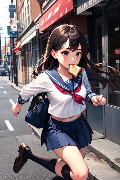 masterpiece, highest quality, girl, serafuku, Blue ribbon, Pleated skirt, Blue socks, loafers, City Street, running, Toast in the mouth,