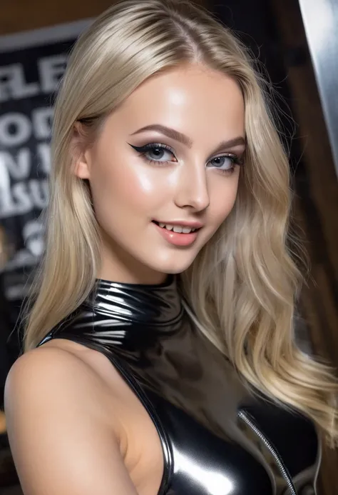 hyperrealistic beautiful 18-year-old women in shiny black-silver latex romper, model shooting photography, very long blonde straight hair, dark eye makeup with eyeliner, seductive smile, flashing , 8K, best quality, Meisterwerk, ultra high resolution, (Rea...