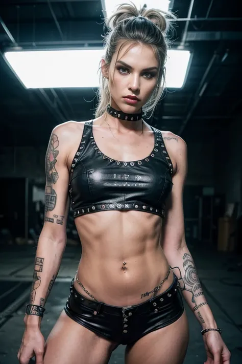 (best quality,highres),(realistic:1.37),blonde sexy punk woman,smokey eyes,excited gaze,pale,thin figure,skinny,medium-sized breasts,choker,tight pants,thin white belly,tight tank top,tattoos,seductive atmosphere,graffiti backdrop,industrial setting,silver...