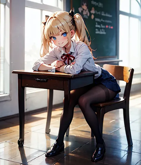 ((highest quality)), ((masterpiece)), (detailed), Anime 2D Rendering, Realistic young anime woman, Perfect Face, high school student、Beautiful girl、Baby Face、Slanted Eyes、blue eyes、Blonde、Twin tails with red ribbon、smile、Thighs、Outstanding style、nice buddy...