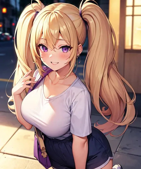 Blonde haired, twintail, purple eyes, wearing a plain white T-shirt, short pants, masterpiece, ultra-detailed, glowy skin, happy face, smiling, carrying a bag, street background, normal breasts, blushing, 25 years old, morning, clouds, full body, normal fi...