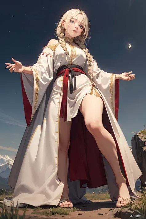 (Droopy eyes, Sleepy face, Angle from below, Realistic Skin), (((Bend your knees and lower your hips))), long thick braids, Leg spread, Casual Dresses, Outside the mountains, (Medieval Kingdom, Long white robe with gold trim), ((The dark hours of dawn)),