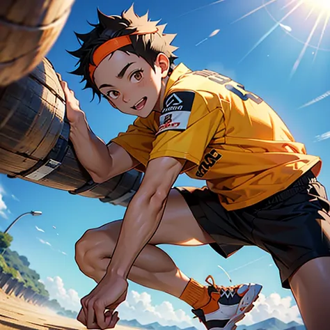 1 hombre, chico, adolescente, haikyuu, hinata shoyo, esbelto, bajo, pelo naranja, Brown eyes, sin playera, uniforme voleibol, camara desde abajo, cuclillas, piernas separadas, fondo soleado, ruborizado, sonrisa, HD, full color, muy detallista, rostro perfe...