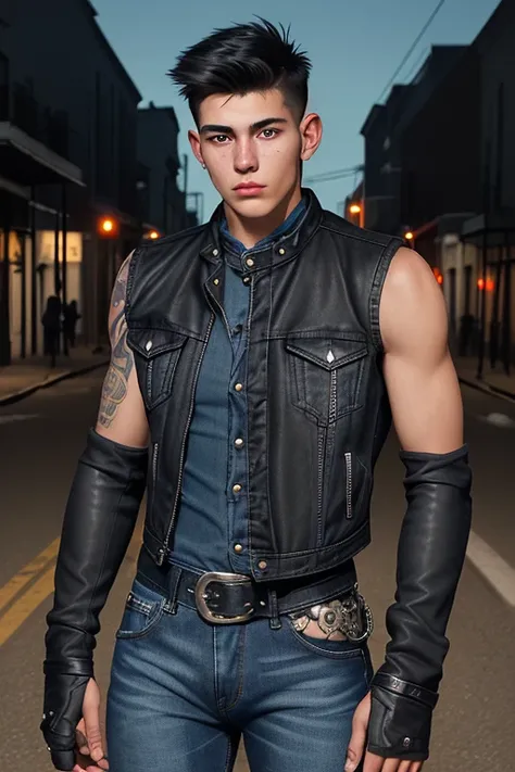 20-year-old man, motorcyclist, black horse, short hair, denim biker vest, open blue shirt, blue jean pants with skull prints, black belt, arcane eye buckle, slim muscular complexion in the background of a New Orleans street at night 