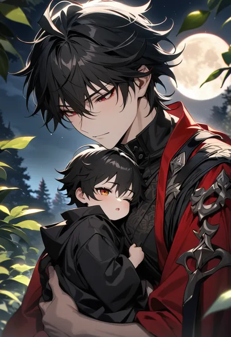 absurdres, highres, ultra detailed, HDR, master piece, best quality, extremely detailed face and eyes, Blade, black long hair, expressive crimson eyes, Honkai star rail, 1 man carrying a little boy, extremely handsome, Fushiguro Megumi, black short hair, e...