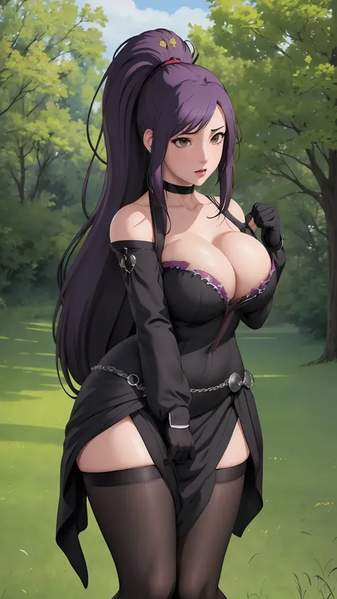 masterpiece, best quality, extremely detail 8k cg, high resolution, 1girl, yuugao, solo, purple hair, long hair, sidelocks, ponytail, brown eyes, perfect eyes, slim body, huge breasts, bursting breasts, lacasindress, black thighhighs, cleavage, outdoors, g...