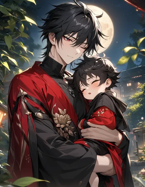 absurdres, highres, ultra detailed, HDR, master piece, best quality, extremely detailed face and eyes, Blade, black long hair, expressive crimson eyes, Honkai star rail, 1 man carrying a little boy, extremely handsome, Fushiguro Megumi, black hair, eyes cl...