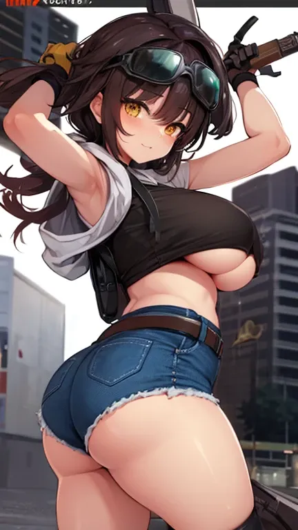 solo thick figure thick thighs huge breast size fat ass yellow eyes tan skin short dark brown messy hair wear fingerless gloves wear short crop top hoodie wear short crop jean ripped wear holster wear black stocking holding a rifle on hands wear tactical b...