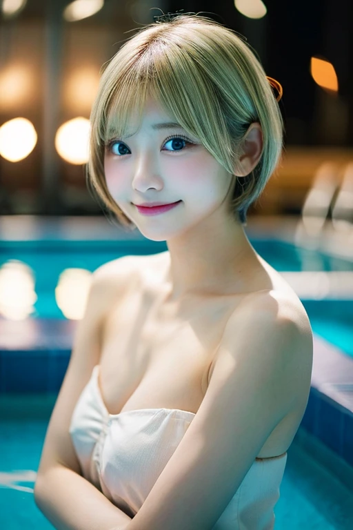 table top, highest quality, 8K, 20 year old lady, Raw photo, absurd, award-winning portraits, smile, one person, idol face, naked, night pool, delicate girl, Upper body, Digital single-lens reflex camera, looking far away, Frank, Sophisticated, thin arms, ...