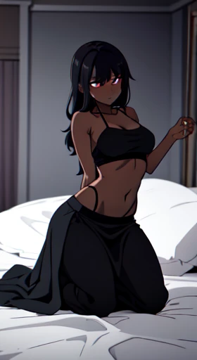 In the dimly lit room, an anime-style depiction of a dark-skinned girl lies in agony on her bed. Her lithe figure is clad in a cami crop top that exposes her slim, starved stomach, the ribs beneath visible through the thin fabric. Her long skirt hangs loos...