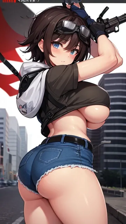 solo thick figure thick thighs size huge breast size fat ass blue eyes tan skin girl short dark brown messy hair wear fingerless gloves wear short crop top hoodie wear short crop jean ripped wear holster wear black stocking holding a rifle on hands wear ta...