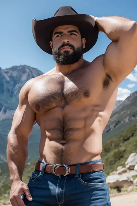 un retrato de personaje [hombre guapo, cuerpo peludo, macho alfa, huge biceps, abdominales definidos, vaqueros, chaqueta, zapatillas, sunny mountain road] 4k, alto detallado, hermoso, Edad Oscura,, Muy detallado, sharp focus.