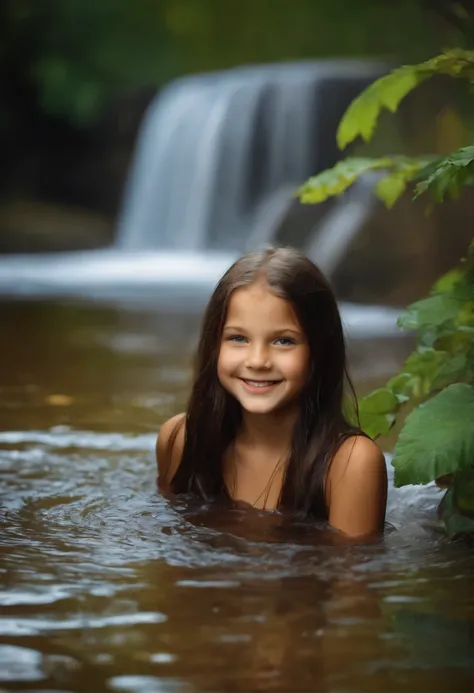 Realistic,A 12-year-old russian cute girl beautiful face, beautiful, black long hair, smile, short body.legs are visible, bathing in water falls