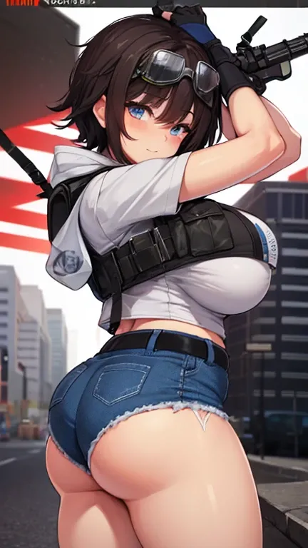 solo thick figure thick thighs size huge breast size fat ass blue eyes tan skin girl short dark brown messy hair wear fingerless gloves wear short crop top hoodie wear short crop jean ripped wear holster wear black stocking holding a rifle on hands wear ta...