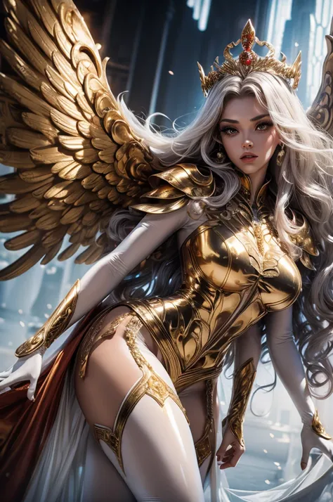 Best quality, 8K,woman vintage super hero, beautiful and detailed face, red curly long hair,gold tiara, big eyelashes,big angel´s wings,LOOKING TO observer,silver metalic armour over bodystocking, SHINY GLOSSY PANTYHOSE,armlets,black belt,over the knee boo...