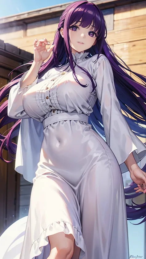 Super detailed, NSFW, masterpiece, High resolution, Photorealistic digital art, perfect lighting, (((1 girl, perfect anatomy))), accurate right hand, accurate left hand, five fingers, perfect style, Fern, big purple eyes, glossy lips, purple hair, shiny sk...