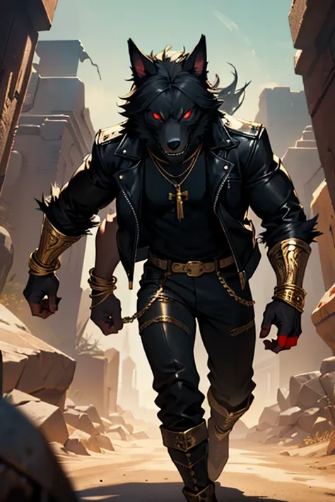 black werewolf, muscular with glowing eyes, using a leather jacket a gold necklace with the key of life in it, red eyes, large gold bracelets and gold gauntlets
walking in the middle of the desert