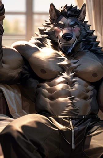 solo, male, werewolf, ((mature and older werewolf with muscular and bulky, burly build)), canine, facial hair covering a black beard, blushing, chest and stomach hair, smiling with happiness, grey fur covering his fluffy body and fluffy legs, splayed legs ...