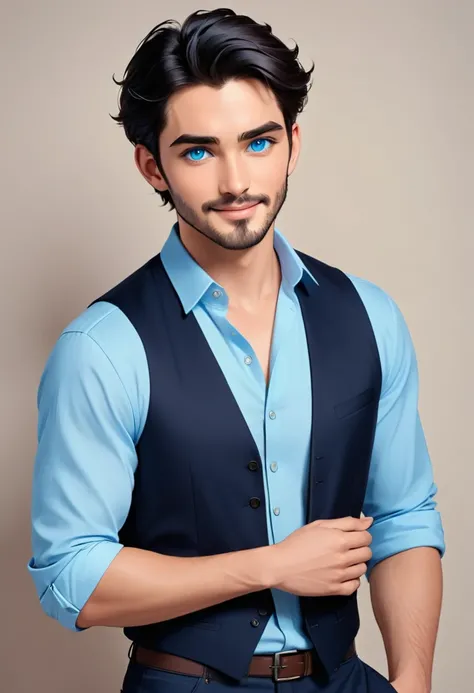 The image portrays a young man with a gentle and approachable demeanor. His dark hair is neatly styled, and his eyes, a striking shade of blue, are looking directly at the viewer, creating a sense of connection. His facial features are soft and well-define...