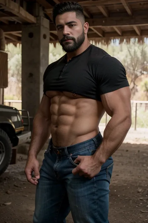 un retrato de carlos [hombre muy guapo, cuerpo peludo, macho alfa, huge biceps, abdominales definidos, vaquero, chaqueta, zapatillas, Carretera ] 4k, alto detallado, hermoso, Edad Oscura,,Big butt Manly ,Muy detallado, sharp focus.