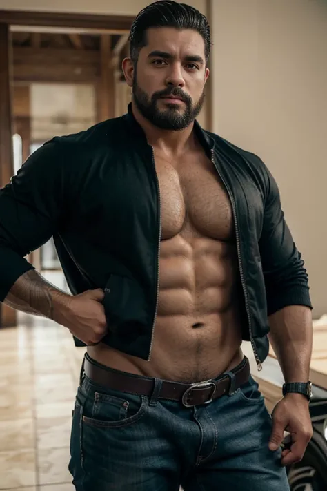 un retrato de carlos [hombre muy guapo, cuerpo peludo, macho alfa, huge biceps, abdominales definidos, vaquero, chaqueta, zapatillas, Carretera ] 4k, alto detallado, hermoso, Edad Oscura,,Big butt Manly ,Muy detallado, sharp focus. De espaldas