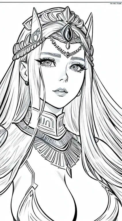 masterpiece, Elizabeth Olsen as Dejah Thoris，female general, alone, Bust Close-up, (White background:1), monochrome, draw line, (illustration), white hair detailed, (NSFW:1), big breasts