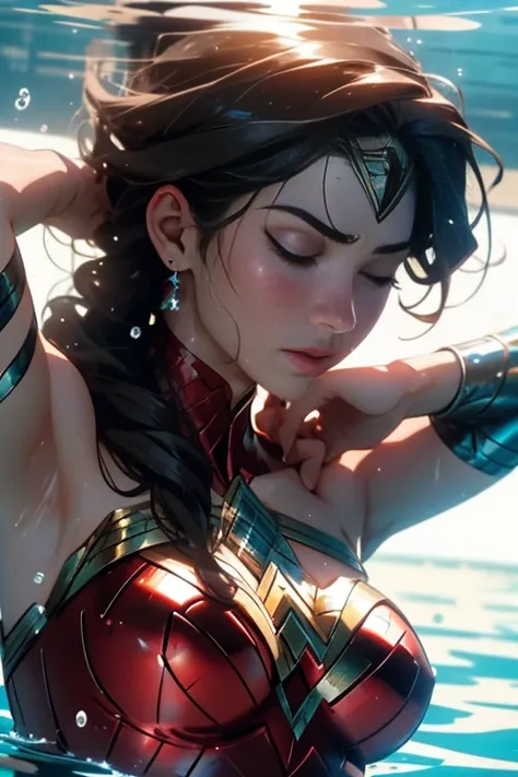 in water,perfect wonder woman costume,whole body,Having your head held down under water,Being submerged in a pool,Drowning in the pool,Face submerged in water,in waterに潜る,Submerge your face in water,inside the pool,Inside the fountain,Soaked in water,Soaki...