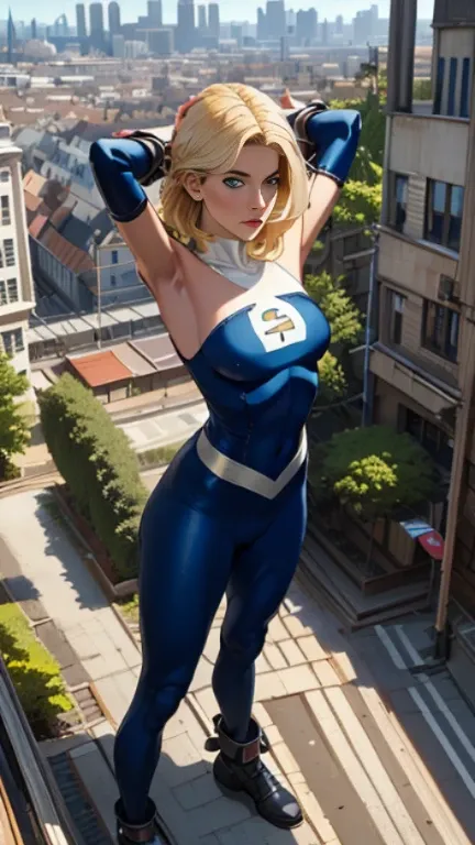 (Highly quality, masterpiece, detailed), city detailed scenario, city detailed background, 1girl, susan storm in stock pose, full body with cuffs, blue eyes, blonde hair, full body blue bodysuit, sleeves, perfect face, beautiful eyes, looking at the viewer