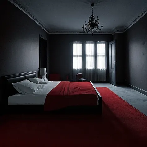 very spacious room,Horror,dark,luxury,bed,Red Wall,Nobody is here