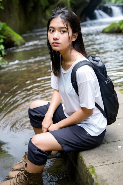 create a hyper realistic image of a 20 years old indonesia girl wear a white shirt soak in water on the river, carrying backpack, brown tactical short pant, boot shoes, headphone around neck, holding a digital camera, waterfall background, rainy weather, t...