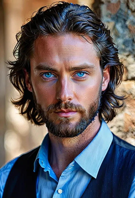 The image depicts a stylized portrait of a man with striking blue eyes and a beard. He has dark hair styled in a modern, wavy manner. The man is wearing a blue shirt with a black vest, suggesting a smart or semi-formal attire. The overall look is polished ...